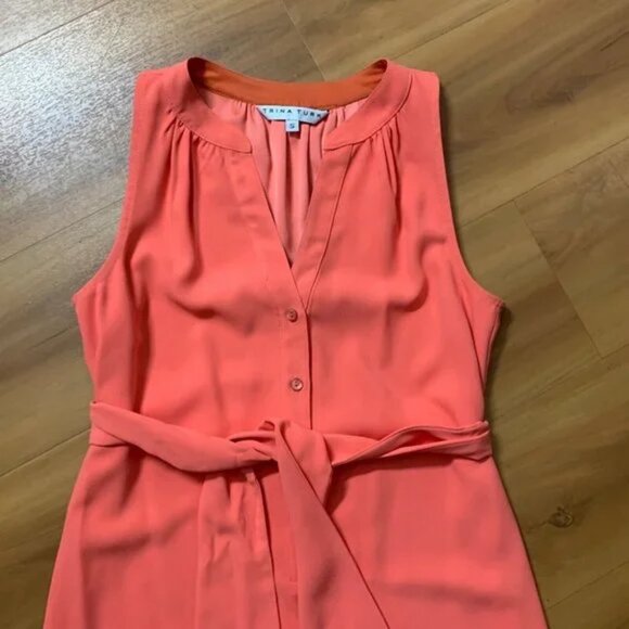 TRINA TURK Coral Orange 1/2 Button Belted Fringe Shift Dress Sleeveless - Picture 2 of 9